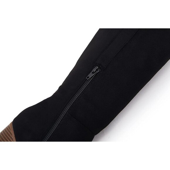 Womens Black Faux Suede Knee High Side Zipper Chunky Heel Winter Stretch Boots - Picture 6 of 8